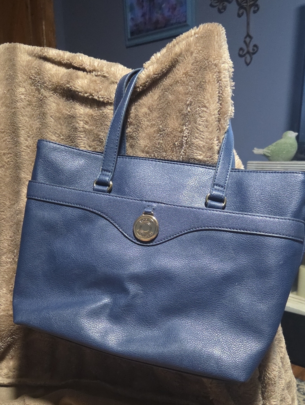 Classic Navy Tote with Gold Medallion Accent